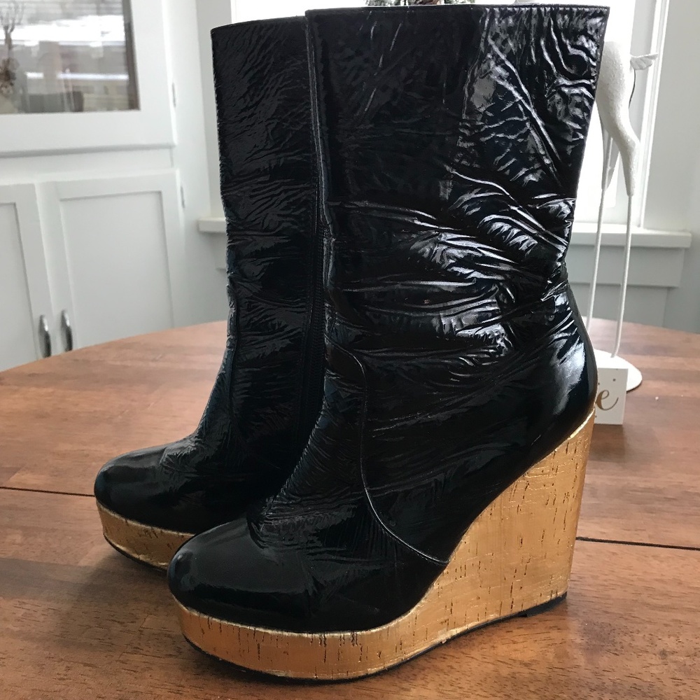 NANA Black Patent Leather Gold Wedge Boot